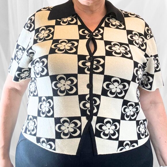 Cider Black & White Checkerboard Floral Knit Button-Down Polo – Size 3XL - Picture 1 of 10